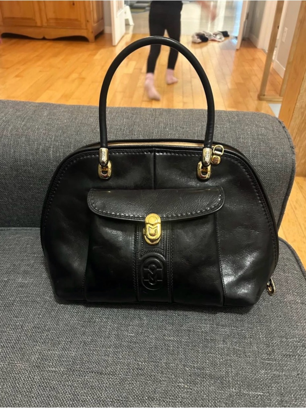 Marino Orlandi Black Leather Satchel with Gold Hardware